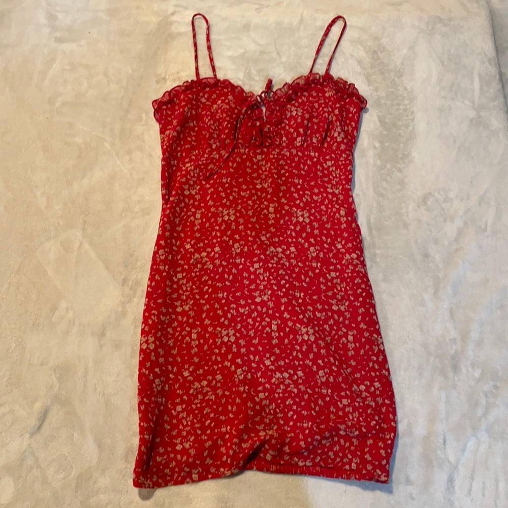 Red floral sun dress with rouched back
